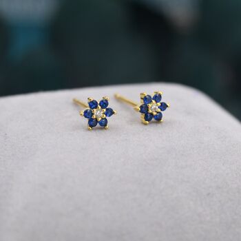 Sapphire Blue Cz Flower Stud Earrings Sterling Silver, 4 of 11