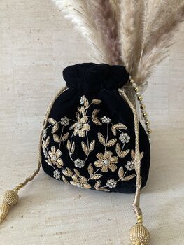 Black Handcrafted Velvet Potli Bag, 6 of 7