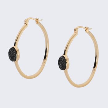 18k Gold Plated Black Druzy Crystal Large Hoops, 2 of 3