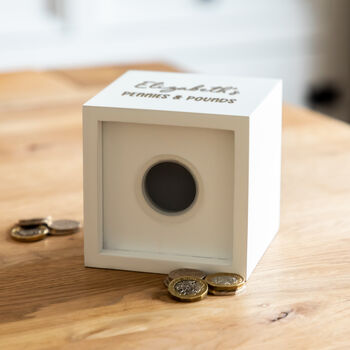 Personalised Pennies And Pounds White Money Box For Children, 4 of 5