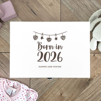 Personalised Born In 2026 Garland Engraved White New Baby Keepsake Box Three Sizes 22cm | 27cm | 30cm, 3 of 7