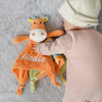 Personalised Orange Stripy Giraffe Baby Comforter, 3 of 5
