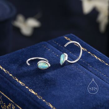 Sterling Silver Aqua Green Droplet Opal Huggie Hoop Earrings, 3 of 10