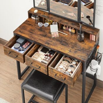 Dressing Table With Mirror, Stool, And Three Drawer, 7 of 9