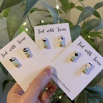 Mint Green And Gold Ceramic Bar Stud Earrings Abstract Splatter Minimalist Studs, 10 of 10