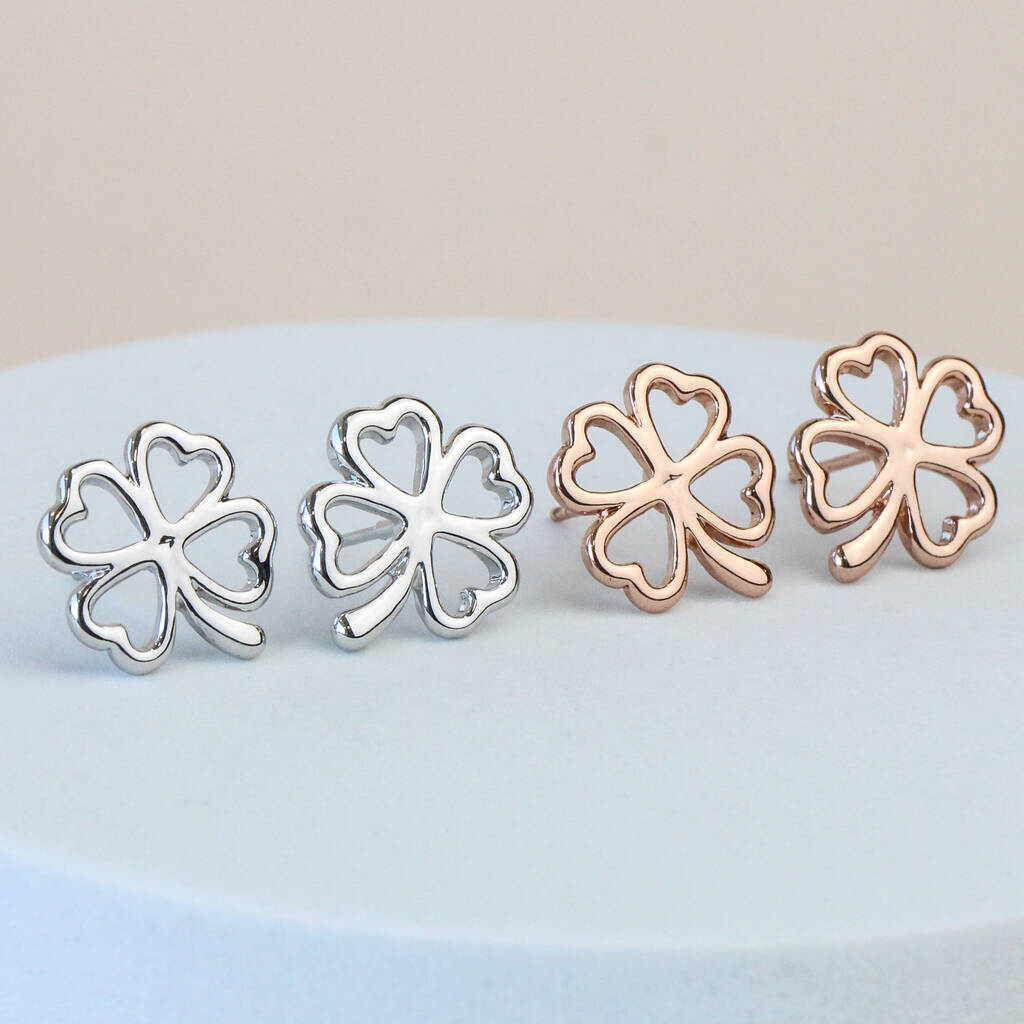Dainty Four Leaf Clover Stud Earrings, 1 of 3