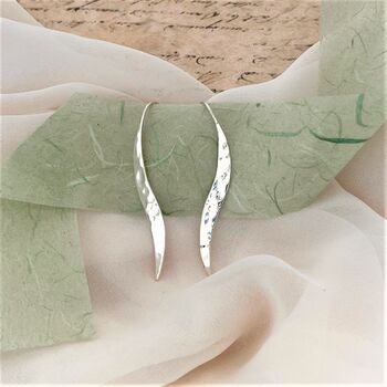 Sterling Silver Hammered Long Wave Drop Earrings, 2 of 10