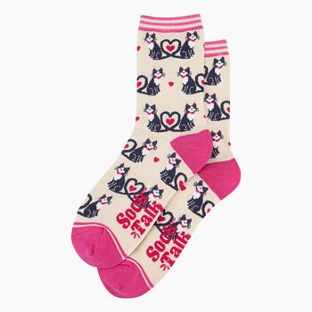 Women's Bamboo Socks Cream Cats Love Heart Tails, 2 of 5