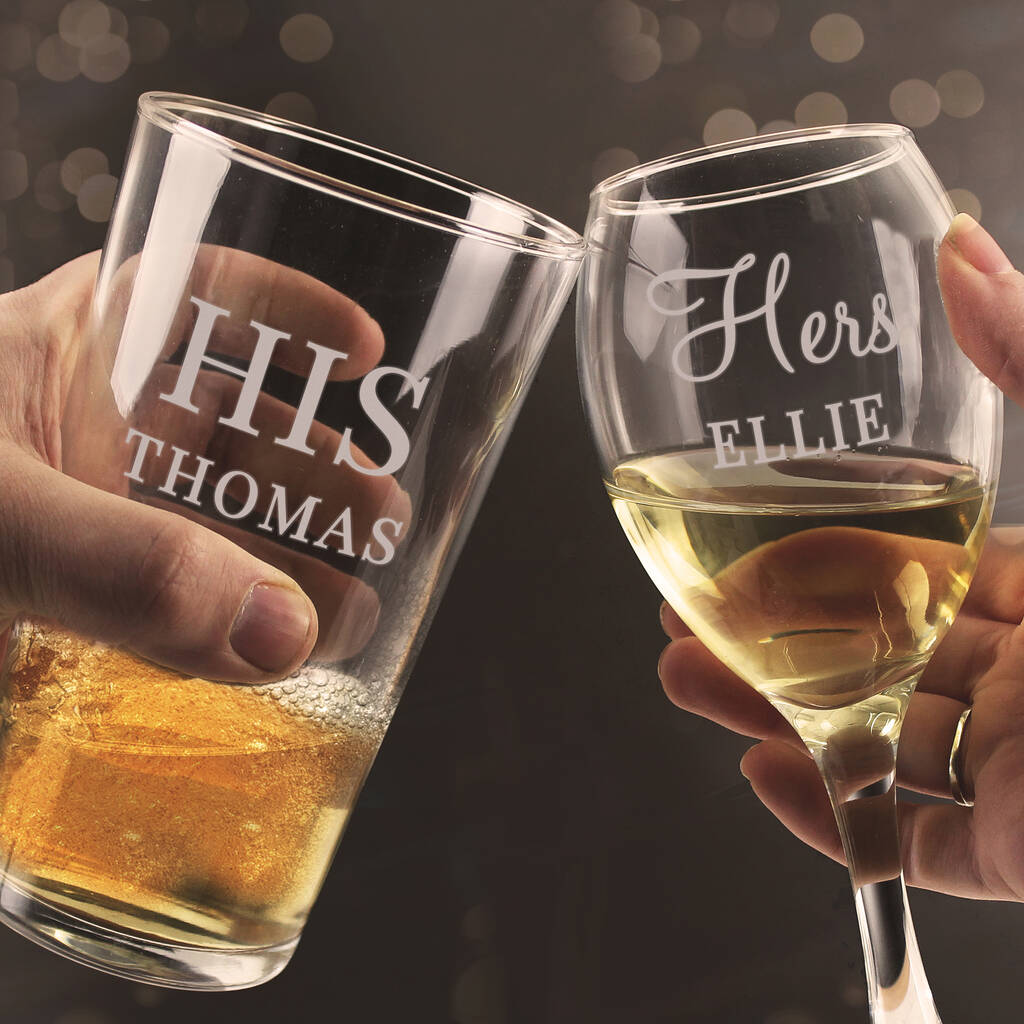 Personalised His And Her Pint And Wine Glass Set, 1 of 5