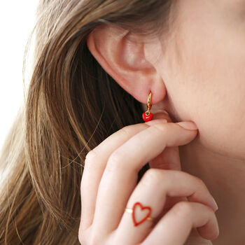 Red Enamel Heart Charm Huggie Hoop Earrings, 4 of 9