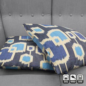 Traditional Handwoven Ikat Cushion With Blue Tones, 6 of 7