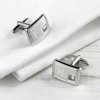 Engraved Rhodium Plated Birthstone Crystal Cufflink Set, 7 of 12