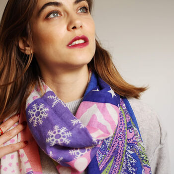 Fine Wool Graphic Mixed Collage Purple Pink Scarf, 2 of 6