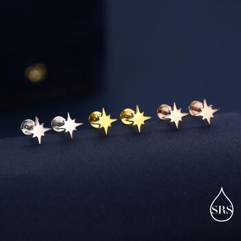 16 G Starburst Internally Threaded Flat Back Earrings In Sterling Silver, 3 of 11