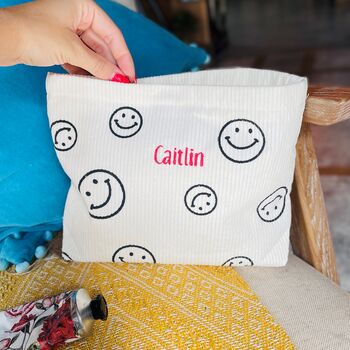 Personalised Happy Face Corduroy Make Up Bag, 2 of 6