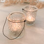 Two Pressed Glass Tea Light Holders With Wire Hanger, thumbnail 5 of 8