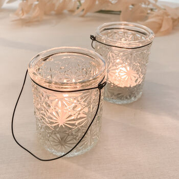 Two Pressed Glass Tea Light Holders With Wire Hanger, 5 of 8