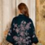 Wild Flowers And Butterflies Teal And Pink Velvet Embroidered Short Kimono, thumbnail 5 of 10