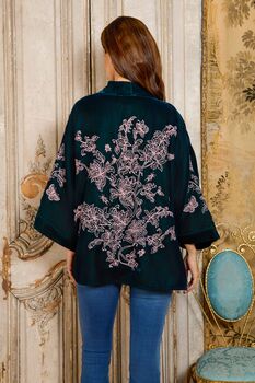 Wild Flowers And Butterflies Teal And Pink Velvet Embroidered Short Kimono, 5 of 10
