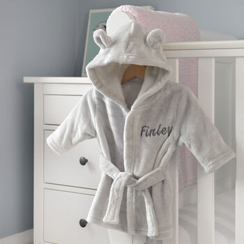 Personalised Grey Baby Dressing Gown With Ears On Hood, 5 of 7