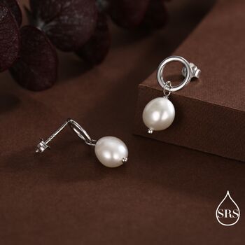 Sterling Silver Circle With Dangling Baroque Pearl Drop Stud Earrings, 5 of 12