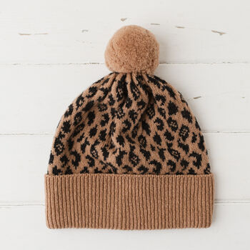 Lambswool Knitted Leopard Pom Pom Hat, 6 of 12