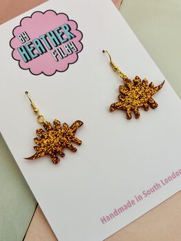 Orange Stegosaurus Dinosaur Glitter Resin Earrings / Jurassic Inspired Jewellery / Novelty Statement Accessories / Gift For Her, 4 of 5