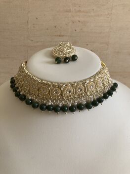 Emerald Green Pearl Lightweight Gold Plated Indian Set, 3 of 8