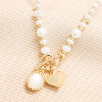Semi Precious Beaded Pearl Heart Charm Necklace In Gold Plating, 2 of 4