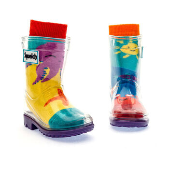 Squelch Transparent Wellies And Three Sock Set Cow, 7 of 7