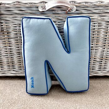 Embroidered Letter Cushion In Soft Blue, 4 of 5