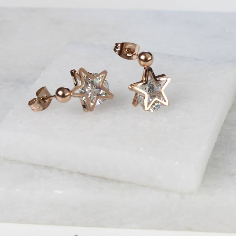 rose gold star earrings with crystal by bish bosh becca ...