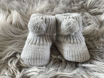 Grey Knitted Baby Booties With Pom Pom, 3 of 8