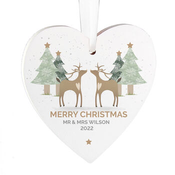 Personalised Merry Christmas Reindeer Couple Wooden Heart Hanging Decoration, 4 of 4