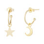 18ct Gold Plated Mismatched Moon And Star Hoop Earrings, thumbnail 2 of 6