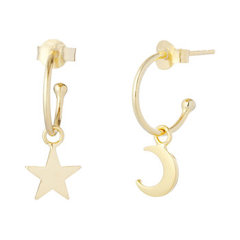 18ct Gold Plated Mismatched Moon And Star Hoop Earrings, 2 of 6