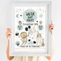 Personalised Keepsake Birth Print Mint Grey Animals, thumbnail 1 of 4