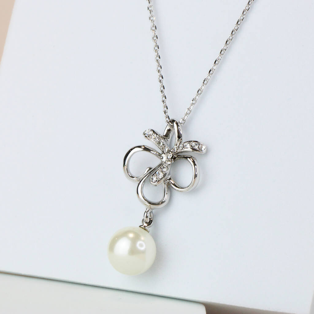 Crystal Bow And White Pearl Pendant Necklace Christmas Gift For Her, 1 of 3