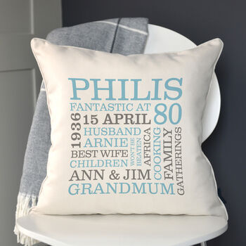 Personalised 80th Birthday Word Art Cushion, 3 of 8