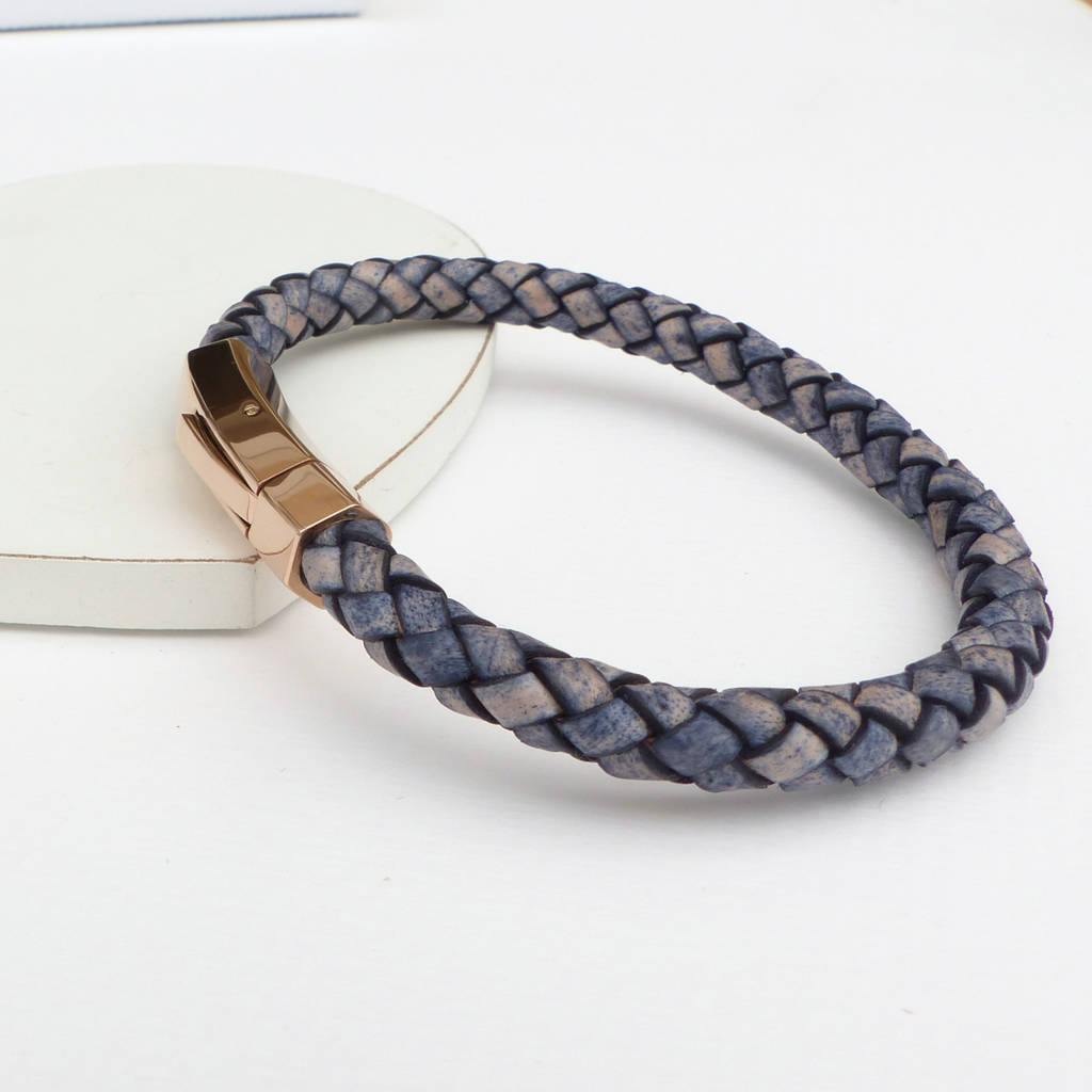 mens braided leather rose gold bracelet by evy designs | 0