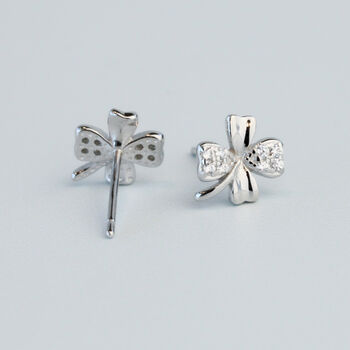 Sterling Silver Sparkly Four Leaf Clover Stud Earrings, 3 of 5