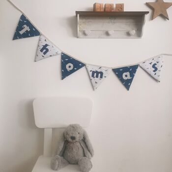 Dinosaur Bunting, Personalised Baby Name, White, Navy Blue, 11 of 11