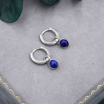 Sterling Silver Dangling Lapis Lazuli Hoop Earrings, 7 of 11