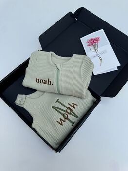 Bundle Personalised Baby Gifts Dungarees And Zip Romper Gift Set, 2 of 8