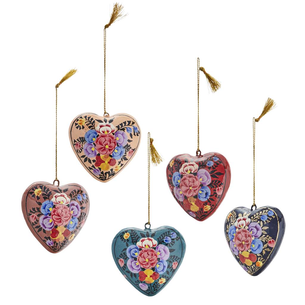 Handmade Christmas Heart Baubles Set Of Five