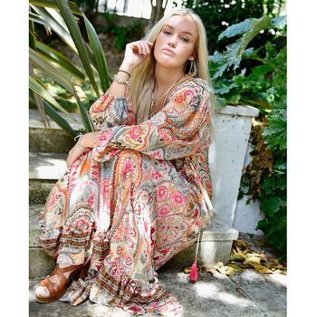 'Tuuli' Pink, Orange And Cream Floral Tile Print Maxi Dress, 4 of 6