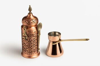 Handmade Copper Coffee Making Set – Solid Copper Pot, Hand Engraved Copper Jar And Brass Spoon, Tin Lined Inside, 4 of 4