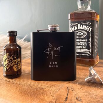 Personalised Script Engraved Black Metal Hip Flask Wedding Party And Father Of The Bride Gift, 2 of 11