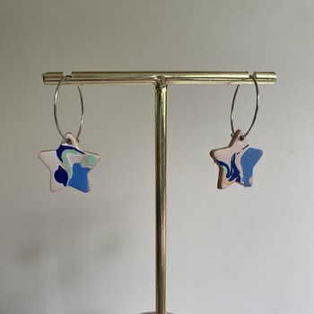 Handmade Leather Star Hoop Earrings Marbled, 5 of 8
