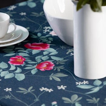 Luxury Linen Like Floral Tablecloth Rose Garden Navy, 6 of 7